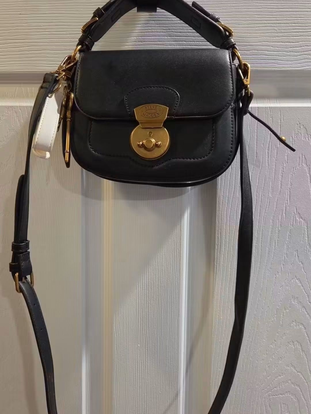 Steve Madden Black Leather Mini Saddle Crossbody with White Tag & Gold Hardware